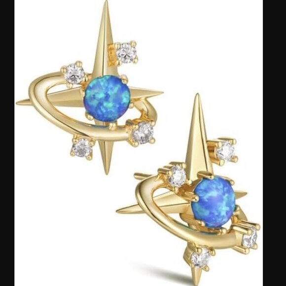 Opalite Sky Moissanite Star Earrings 925 Sterling Silver Gold Plated Studs NWT - Picture 3 of 7